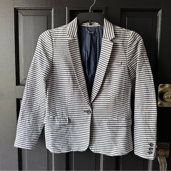 Madewell Tailored Blazer in Blue Stripe Sz 4 Cotton/Linen Blend Flap Pockets - Picture 3 of 8